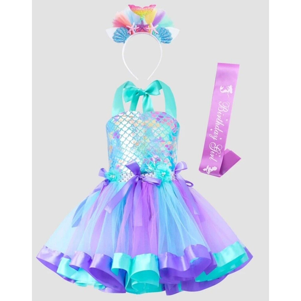 Girls Mermaid Tutu Dress With Headband & birthday ribbon fish scale print 3-4T